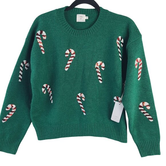 Luna Ivy Sweaters - Luna Ivy Green Candy Cane Sequin Sweater Acrylic Blend Christmas Pullover Sz M